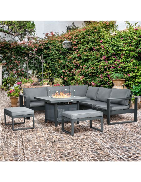 Outsunny 6-Piece Aluminium Garden Furniture Set, Outdoor Conversational Corner Sofa Loveseat Footstool Sectional w/Gas Fire Pit  - pic 10297 | FastDaddyshop