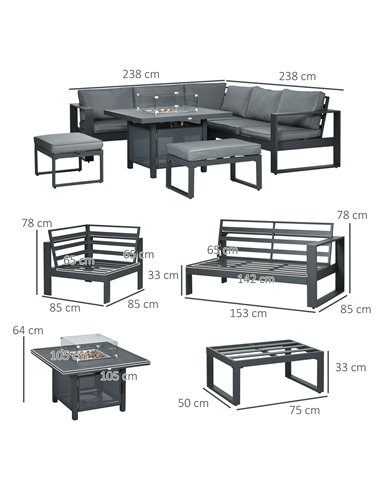 Outsunny 6-Piece Aluminium Garden Furniture Set, Outdoor Conversational Corner Sofa Loveseat Footstool Sectional w/Gas Fire Pit 