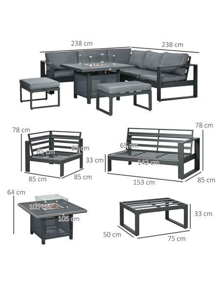 Outsunny 6-Piece Aluminium Garden Furniture Set, Outdoor Conversational Corner Sofa Loveseat Footstool Sectional w/Gas Fire Pit  - pic 10298 | FastDaddyshop