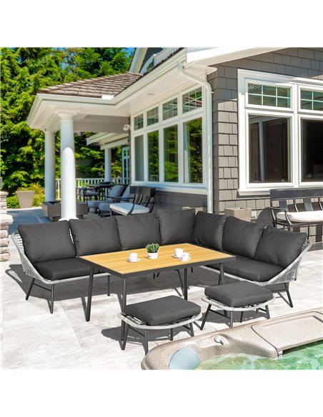 Outsunny 6 Seater Outdoor Rattan Garden Furniture Sets with Sofa, Footstool and Wood-Plastic Coffee Table, 193x72x75cm, Grey - pic 10305 | FastDaddyshop