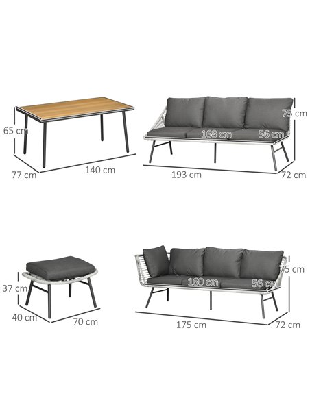 Outsunny 6 Seater Outdoor Rattan Garden Furniture Sets with Sofa, Footstool and Wood-Plastic Coffee Table, 193x72x75cm, Grey - pic 10306 | FastDaddyshop