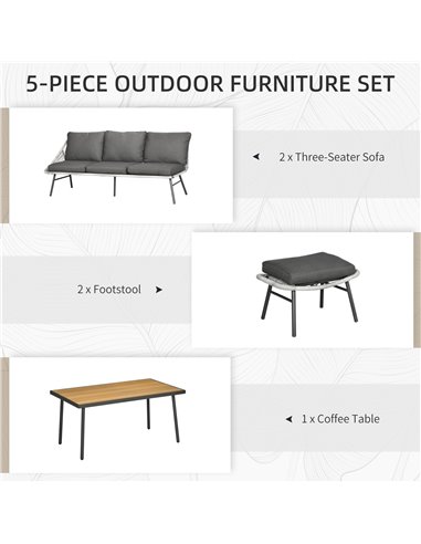 Outsunny 6 Seater Outdoor Rattan Garden Furniture Sets with Sofa, Footstool and Wood-Plastic Coffee Table, 193x72x75cm, Grey