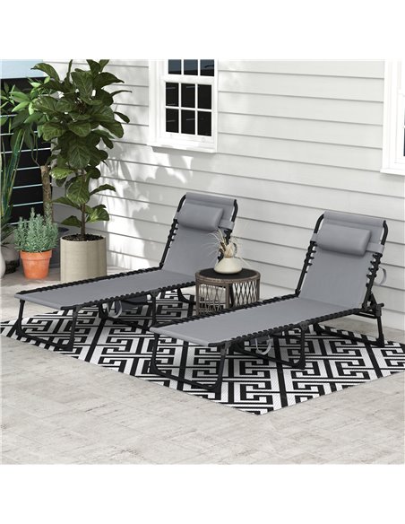Outsunny Portable Sun Lounger Set of 2, Folding Camping Bed Cot, Reclining Lounge Chair 5-position Adjustable Backrest with Side - pic 103277 | FastDaddyshop