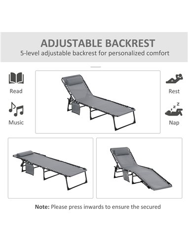 Outsunny Portable Sun Lounger Set of 2, Folding Camping Bed Cot, Reclining Lounge Chair 5-position Adjustable Backrest with Side