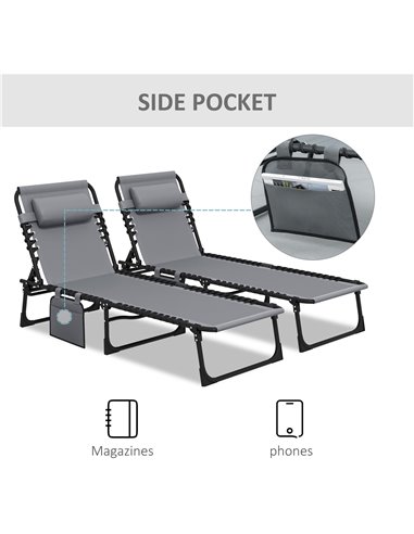 Outsunny Portable Sun Lounger Set of 2, Folding Camping Bed Cot, Reclining Lounge Chair 5-position Adjustable Backrest with Side
