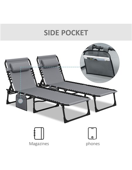 Outsunny Portable Sun Lounger Set of 2, Folding Camping Bed Cot, Reclining Lounge Chair 5-position Adjustable Backrest with Side - pic 103282 | FastDaddyshop