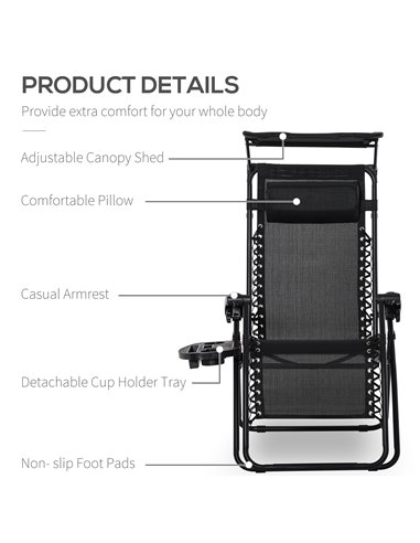 Outsunny 2 Piece Foldable Reclining Garden Chair with Headrest, Zero Gravity Deck Sun Lounger Seat Chair with Footrest, Armrest,