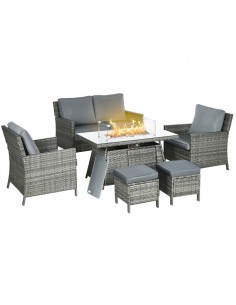 Outsunny 6 Seater Rattan Garden Furniture Set with 50,000 BTU Gas Fire Pit Table, Grey