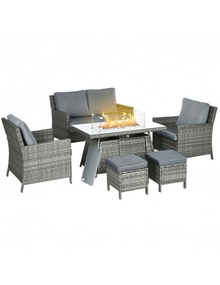 Outsunny 6 Seater Rattan Garden Furniture Set with 50,000 BTU Gas Fire Pit Table, Grey - pic 10353 | FastDaddyshop