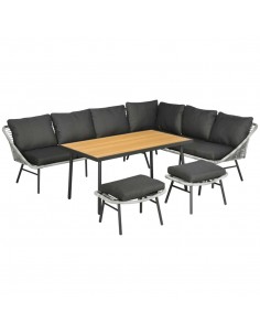 Outsunny 6 Seater Outdoor Rattan Garden Furniture Set with Sofa, Footstool and Wood-Plastic Coffee Table, Grey