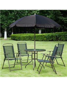 Outsunny 6 PCs Garden Patio Furniture Set with Texteline Folding Chairs, Table, Parasol, Black 2