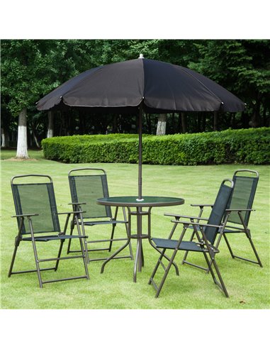 Outsunny 6 PCs Garden Patio Furniture Set Bistro Set Texteline Folding Chairs +Table +Parasol (Black)