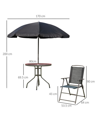 Outsunny 6 PCs Garden Patio Furniture Set Bistro Set Texteline Folding Chairs +Table +Parasol (Black)