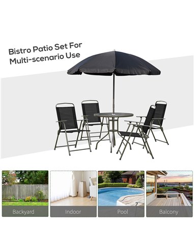 Outsunny 6 PCs Garden Patio Furniture Set Bistro Set Texteline Folding Chairs +Table +Parasol (Black)