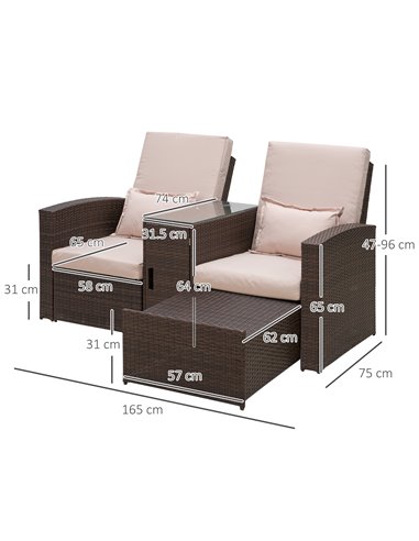 Outsunny Outdoor Garden Rattan Companion Sofa Chair & Stool Lounger Recliner Love Sunbed Daybed Patio Wicker Weave Furniture Set