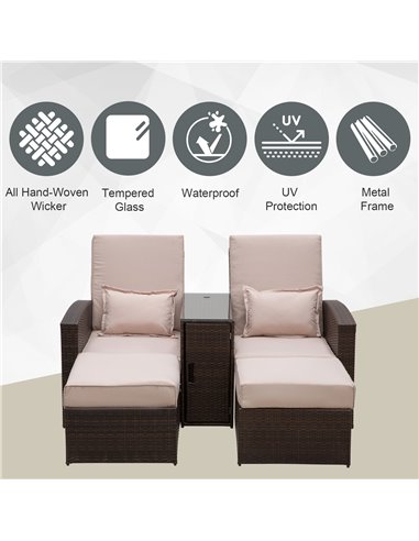 Outsunny Outdoor Garden Rattan Companion Sofa Chair & Stool Lounger Recliner Love Sunbed Daybed Patio Wicker Weave Furniture Set