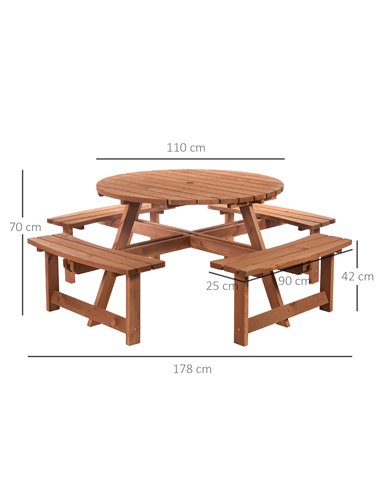 Outsunny 8 Seater Round Wooden Pub Bench Picnic Table Furniture Set for Outdoor Garden or Patio