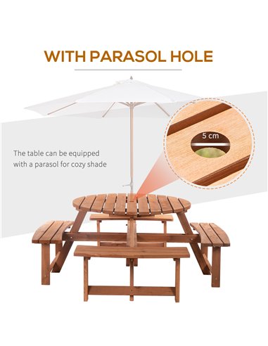 Outsunny 8 Seater Round Wooden Pub Bench Picnic Table Furniture Set for Outdoor Garden or Patio