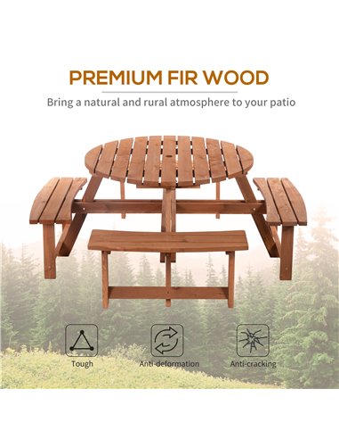 Outsunny 8 Seater Round Wooden Pub Bench Picnic Table Furniture Set for Outdoor Garden or Patio