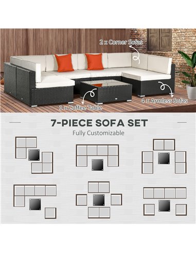 Outsunny 7 PC Garden Rattan Furniture Set Outdoor Sectional Wicker Weave Sofa Seat Coffee Table w/ Cushion and Pillow Buckle Str