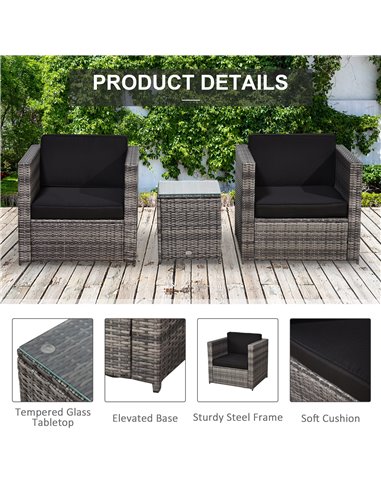 Outsunny 2 Seater Rattan Garden Furniture Sofa  Furniture Set W/Cushions, Steel Frame-Grey