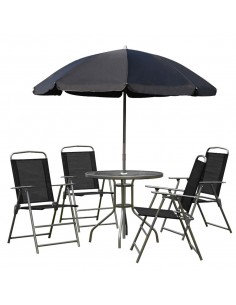 Outsunny 6 PCs Garden Patio Furniture Set with Texteline Folding Chairs, Table, Parasol, Black