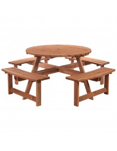 Outsunny 8 Seater Round Wooden Pub Bench Picnic Table Furniture Set for Outdoor Garden or Patio