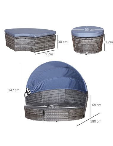 Outsunny 6-Seater Rattan Sofa Bed Garden Furniture Cushioned Wicker Round Sofa Bed with Coffee Table  Patio Conversation Furnitu