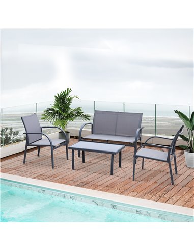 Outsunny 4 Pcs Curved Steel Outdoor Furniture Set w/ Loveseat, 2 Texteline Seats, Glass Top Table Garden Balcony Patio Furniture