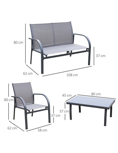 Outsunny 4 Pcs Curved Steel Outdoor Furniture Set w/ Loveseat, 2 Texteline Seats, Glass Top Table Garden Balcony Patio Furniture