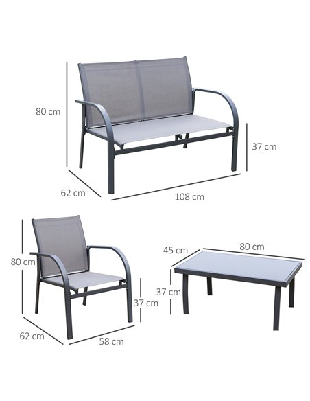 Outsunny 4 Pcs Curved Steel Outdoor Furniture Set w/ Loveseat, 2 Texteline Seats, Glass Top Table Garden Balcony Patio Furniture - pic 10490 | FastDaddyshop