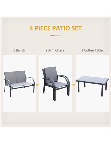 Outsunny 4 Pcs Curved Steel Outdoor Furniture Set w/ Loveseat, 2 Texteline Seats, Glass Top Table Garden Balcony Patio Furniture