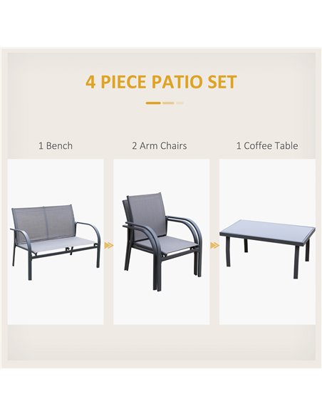 Outsunny 4 Pcs Curved Steel Outdoor Furniture Set w/ Loveseat, 2 Texteline Seats, Glass Top Table Garden Balcony Patio Furniture - pic 10491 | FastDaddyshop