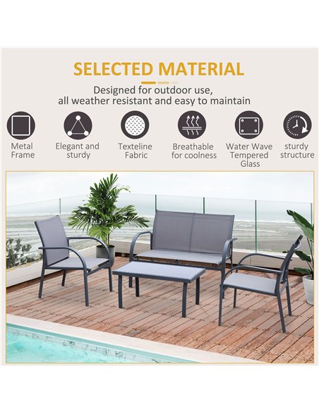 Outsunny 4 Pcs Curved Steel Outdoor Furniture Set w/ Loveseat, 2 Texteline Seats, Glass Top Table Garden Balcony Patio Furniture - pic 10493 | FastDaddyshop