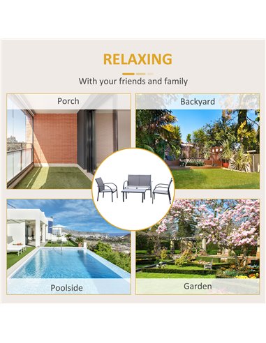 Outsunny 4 Pcs Curved Steel Outdoor Furniture Set w/ Loveseat, 2 Texteline Seats, Glass Top Table Garden Balcony Patio Furniture