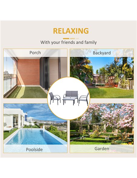 Outsunny 4 Pcs Curved Steel Outdoor Furniture Set w/ Loveseat, 2 Texteline Seats, Glass Top Table Garden Balcony Patio Furniture - pic 10494 | FastDaddyshop
