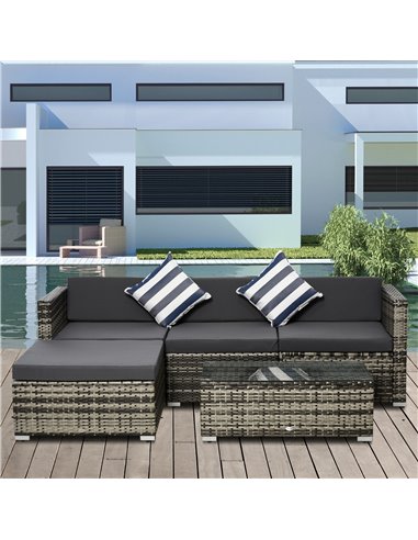 Outsunny 4-Seater Garden Rattan Furniture Set, Outdoor Sectional Conversation PE  Rattan Sofa Set, with Cushions Pillows and Gla