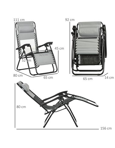 Outsunny Garden Recliner Chairs Set of 2, Outdoor Foldable Zero Gravity Chairs Set w/ Footstool and Detachable Headrest, Grey 84