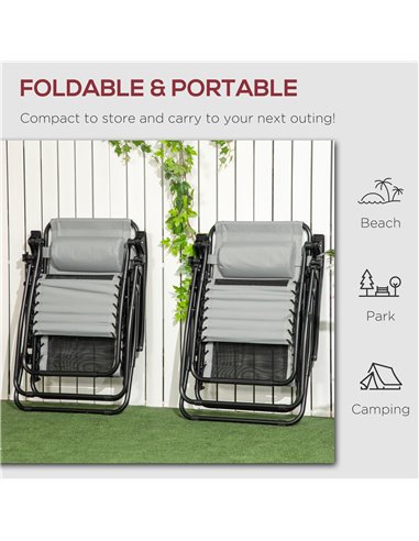 Outsunny Garden Recliner Chairs Set of 2, Outdoor Foldable Zero Gravity Chairs Set w/ Footstool and Detachable Headrest, Grey 84