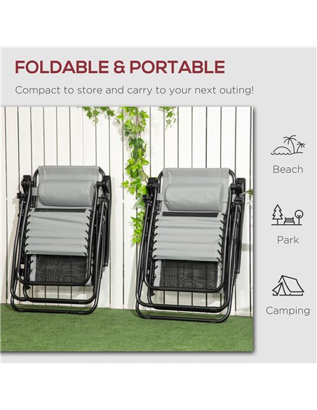 Outsunny Garden Recliner Chairs Set of 2, Outdoor Foldable Zero Gravity Chairs Set w/ Footstool and Detachable Headrest, Grey 84 - pic 105024 | FastDaddyshop