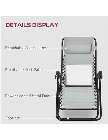 Outsunny Garden Recliner Chairs Set of 2, Outdoor Foldable Zero Gravity Chairs Set w/ Footstool and Detachable Headrest, Grey 84