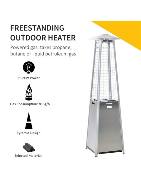 Outsunny 11.2KW Outdoor Patio Gas Heater Stainless Steel Pyramid Propane Heater Garden Freestanding Tower Heater with Wheels, Du - pic 105090 | FastDaddyshop