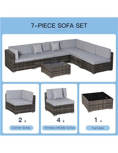 Outsunny 7 PC Garden Rattan Furniture Set Patio Outdoor Sectional Wicker Weave Sofa Seat Coffee Table w/ Cushion and Pillow Buck