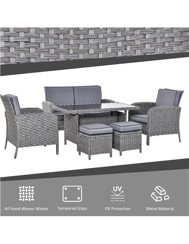 Outsunny 6-Seater Outdoor Patio Rattan Dining Table Sets All Weather PE Wicker Sofa Furniture Set for Backyard Garden w/ Cushion