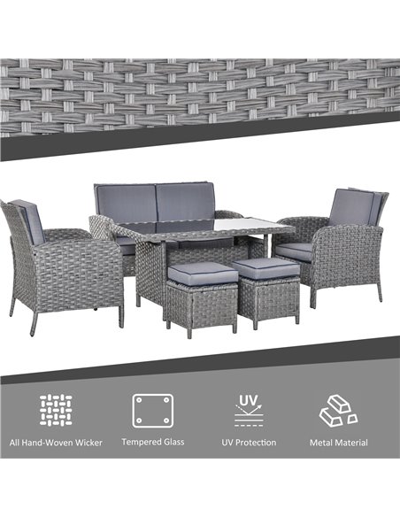 Outsunny 6-Seater Outdoor Patio Rattan Dining Table Sets All Weather PE Wicker Sofa Furniture Set for Backyard Garden w/ Cushion - pic 10531 | FastDaddyshop