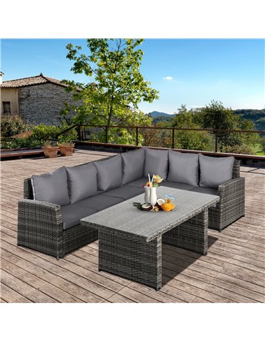 Outsunny 5-Seater PE Rattan Corner Dining Set Outdoor Garden Patio Sofa Table Furniture Set w/ Cushions Grey