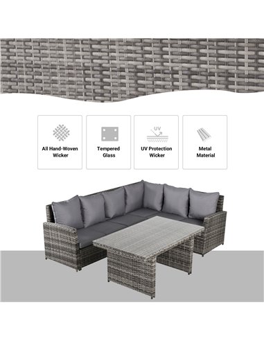Outsunny 5-Seater PE Rattan Corner Dining Set Outdoor Garden Patio Sofa Table Furniture Set w/ Cushions Grey