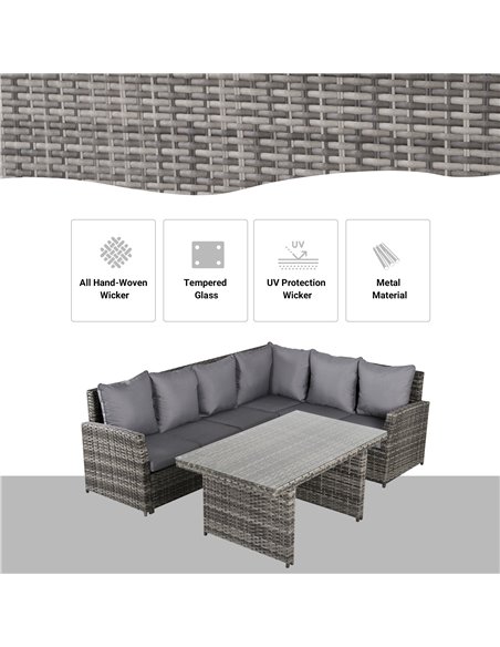 Outsunny 5-Seater PE Rattan Corner Dining Set Outdoor Garden Patio Sofa Table Furniture Set w/ Cushions Grey - pic 10547 | FastDaddyshop