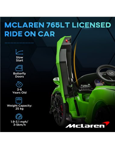 AIYAPLAY McLaren 765LT Licensed 12V Kids Electric Ride on Car with Butterfly Doors Remote Control Transport Wheels Green 370-346