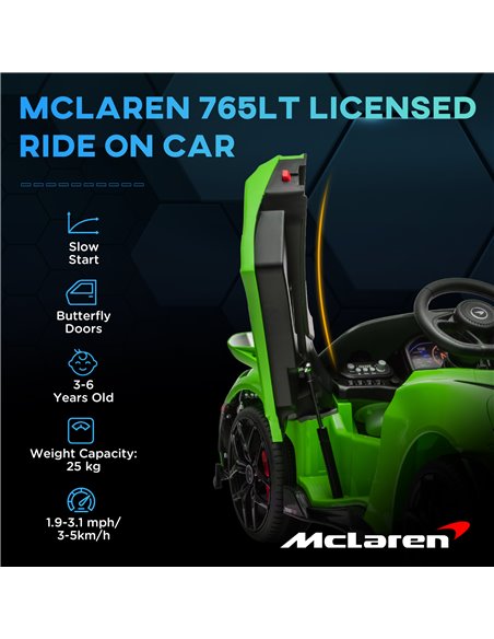 AIYAPLAY McLaren 765LT Licensed 12V Kids Electric Ride on Car with Butterfly Doors Remote Control Transport Wheels Green 370-346 - pic 105491 | FastDaddyshop